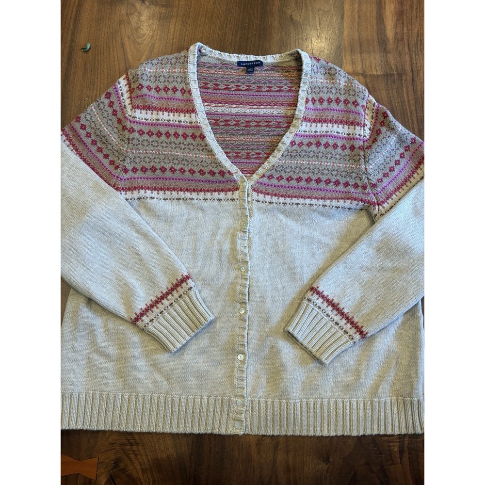 Lands End Cotton V Neck FairIsle Cardigan Sweater Size 3XL Tan VGC